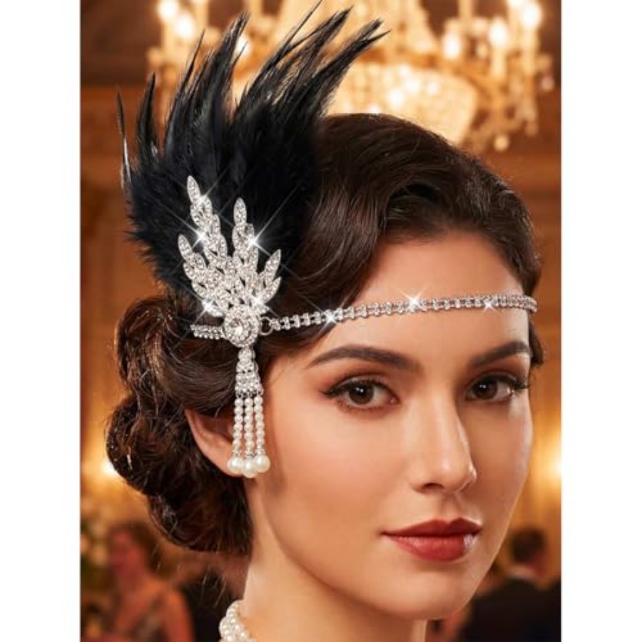 Men'S Accessories In The 1920S - 1920s Flapper Feather Headband Leaf Rhinestones