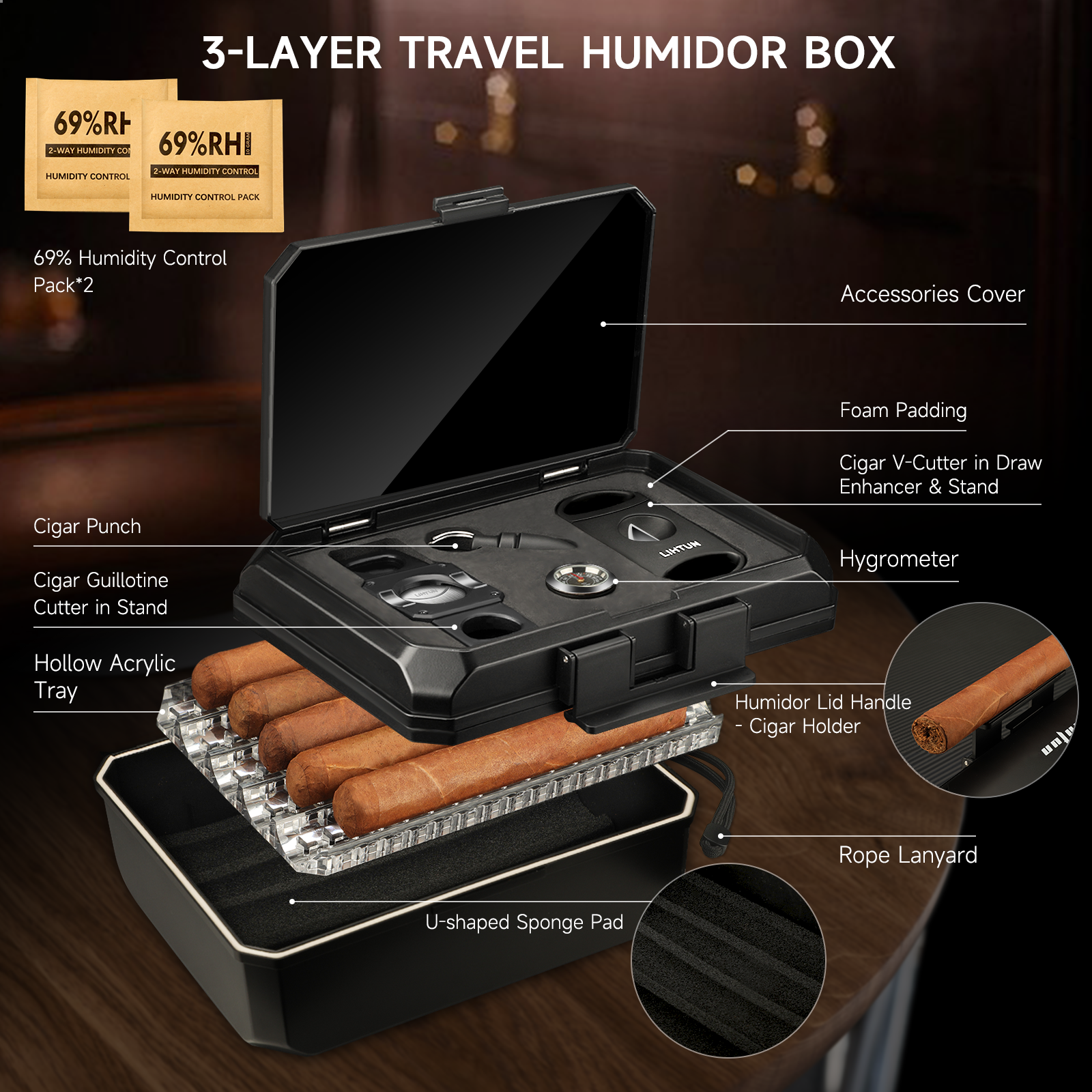 Portable Travel Humidor Box wi - đánh giá và giá Cigar Cutter Set